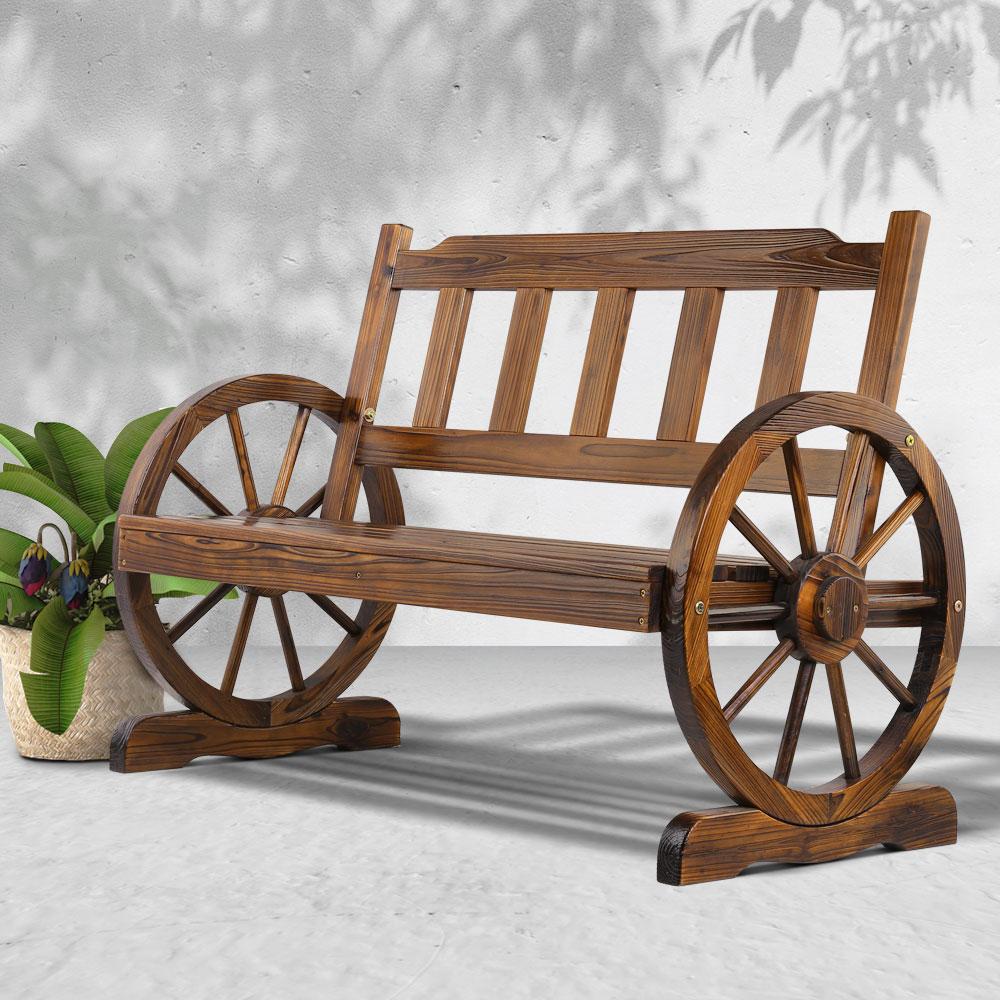 Gardeon Wooden Wagon Wheel Chair made of rustic Canadian Fir wood with wagon-wheel armrests, perfect for outdoor seating.