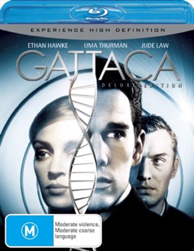 Gattaca Blu-ray cover featuring Ethan Hawke, Uma Thurman, and Jude Law in a futuristic design.