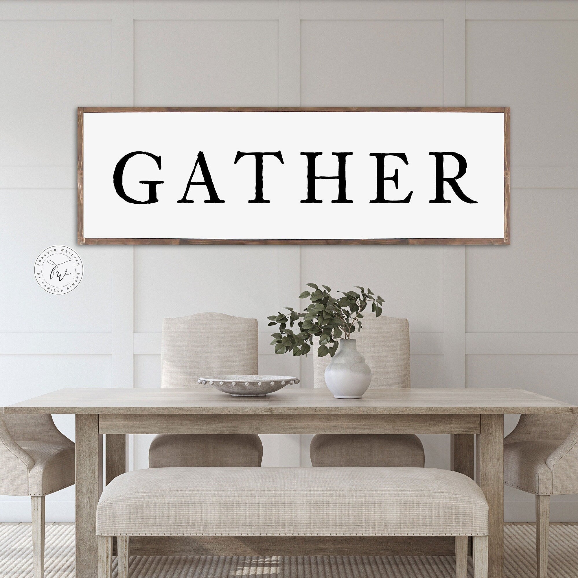 Gather Farmhouse Wood Sign featuring rustic wood grain and painted lettering, perfect for dining room decor.