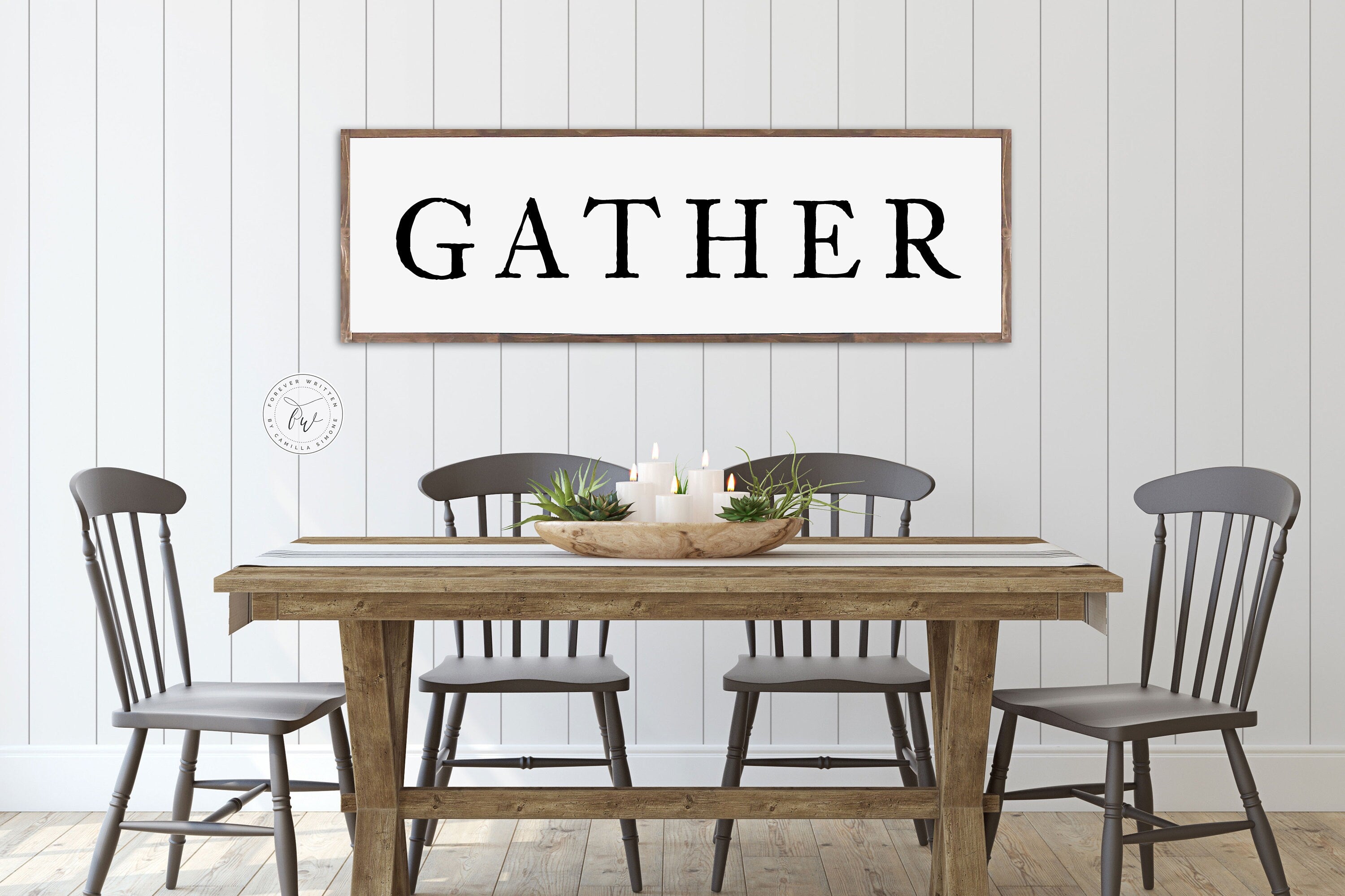 Gather Farmhouse Wood Sign featuring rustic wood grain and painted lettering, perfect for dining room decor.