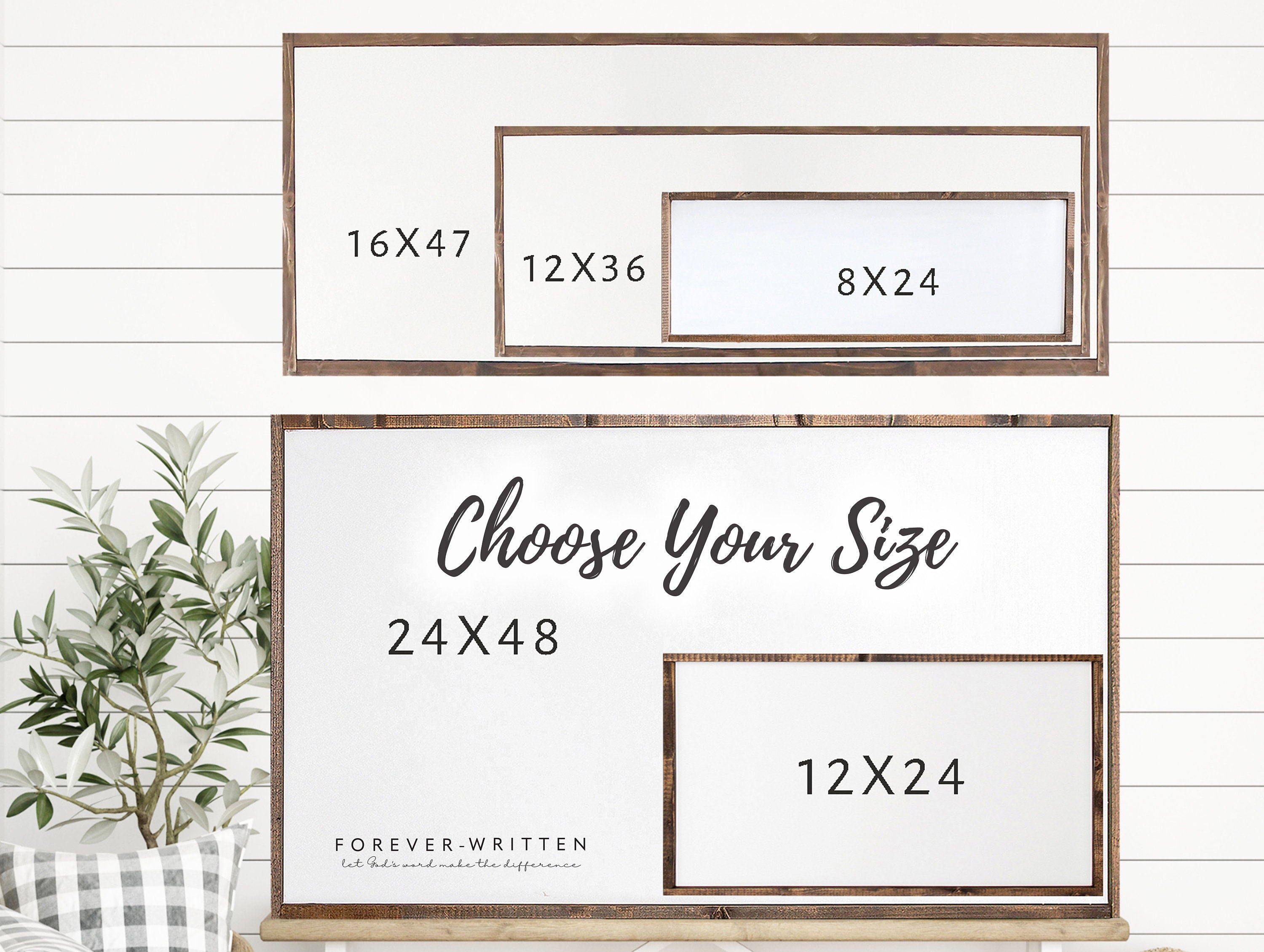 Gather Sign featuring a rustic wood design with the quote 'Bless the food before us' framed in a customizable color.