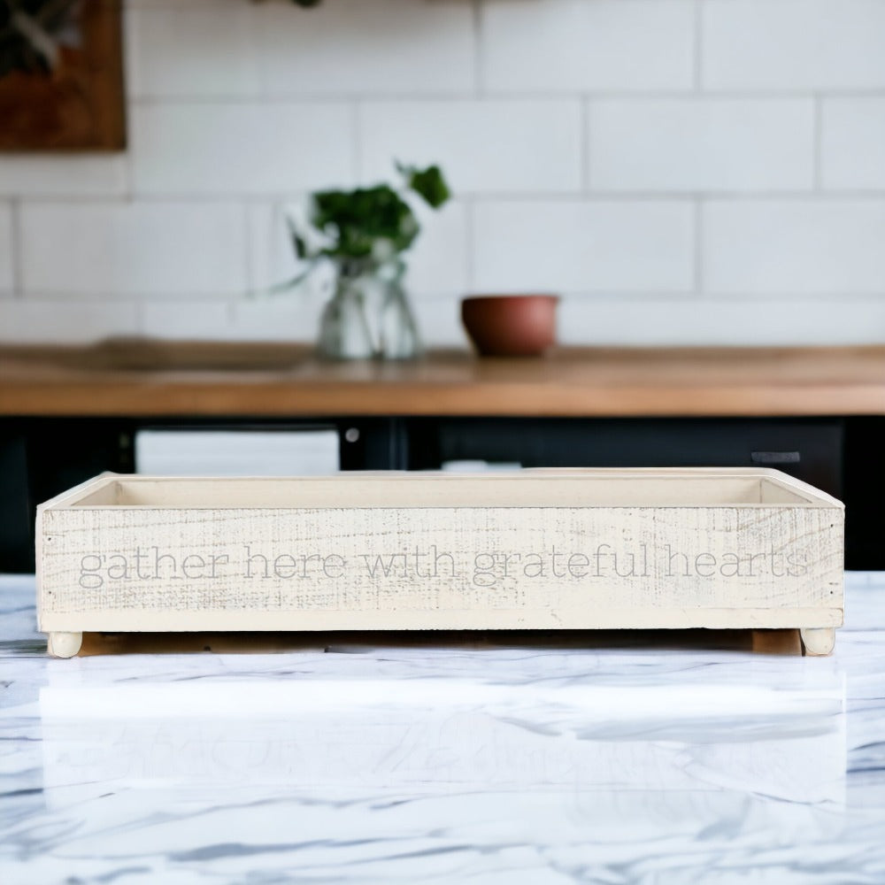 Handmade Gather Tray with the inscription 'Gather Here With Grateful Hearts', featuring round peg feet for elevation.