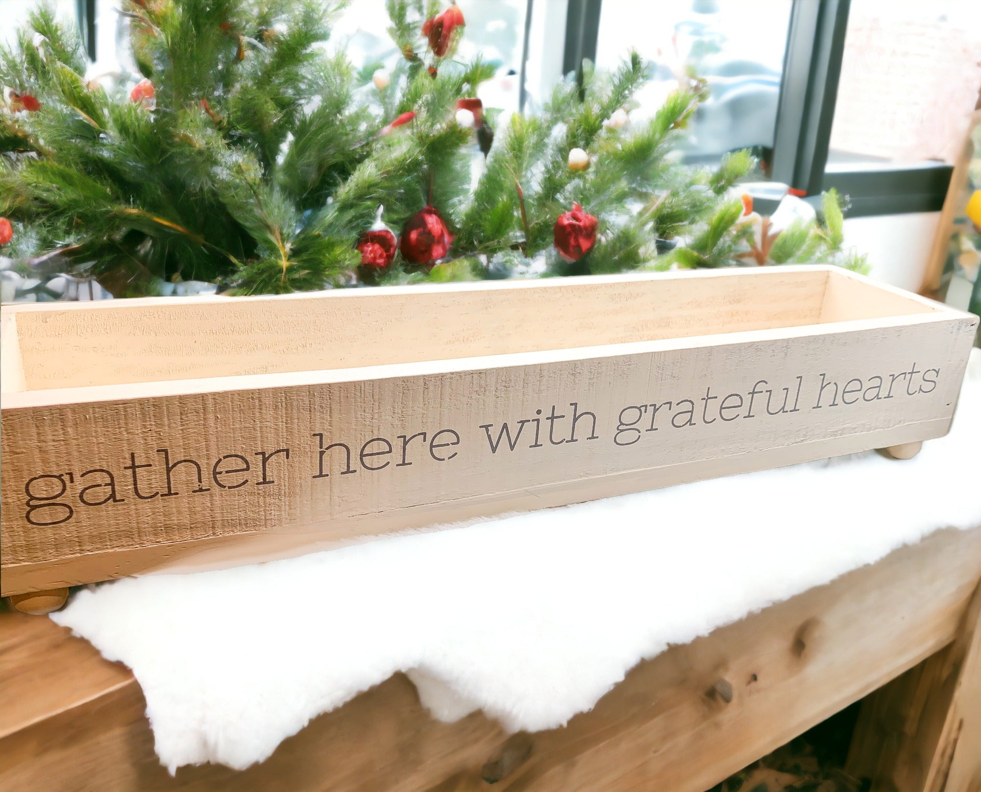 Handmade Gather Tray with the inscription 'Gather Here With Grateful Hearts', featuring round peg feet for elevation.