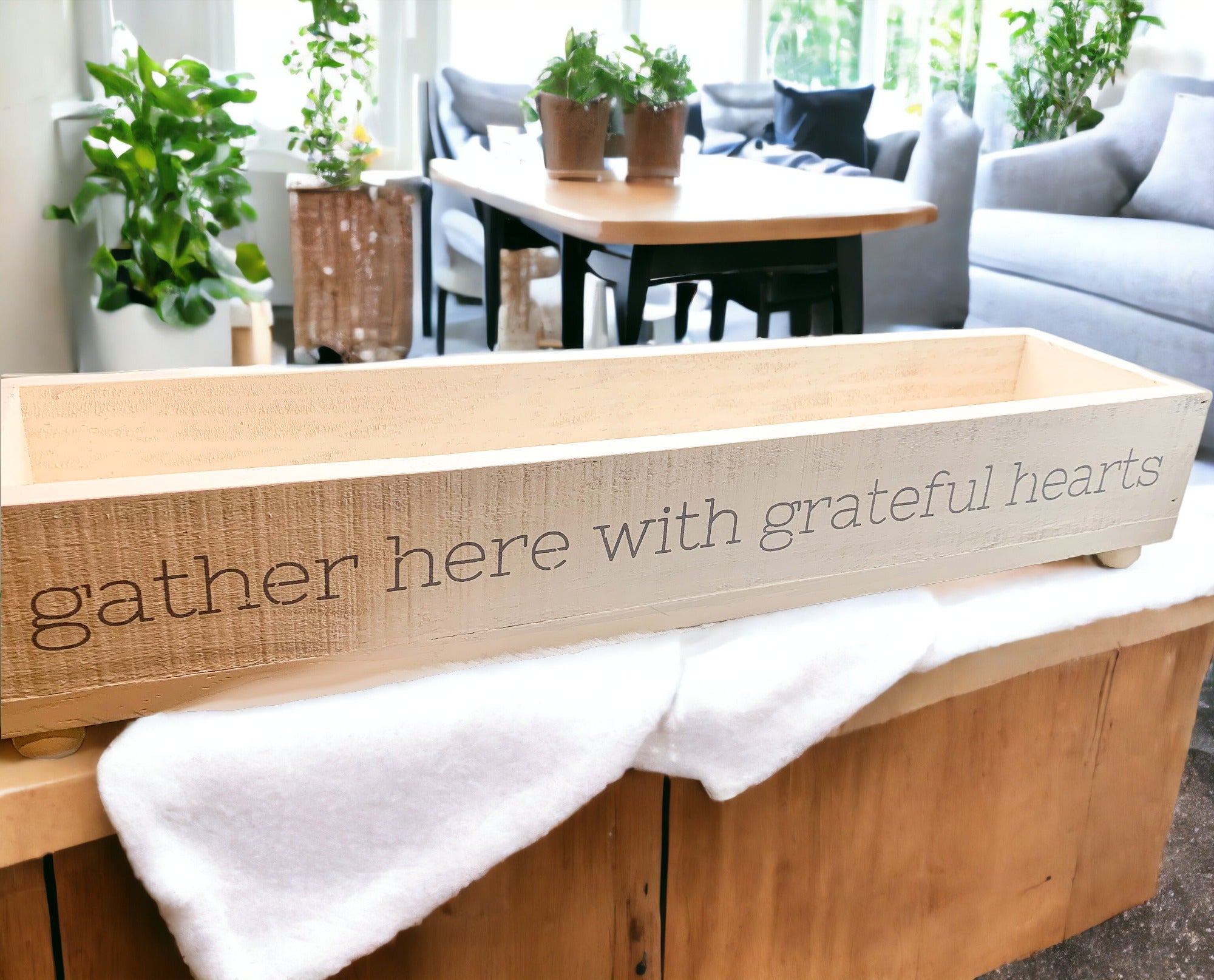 Handmade Gather Tray with the inscription 'Gather Here With Grateful Hearts', featuring round peg feet for elevation.