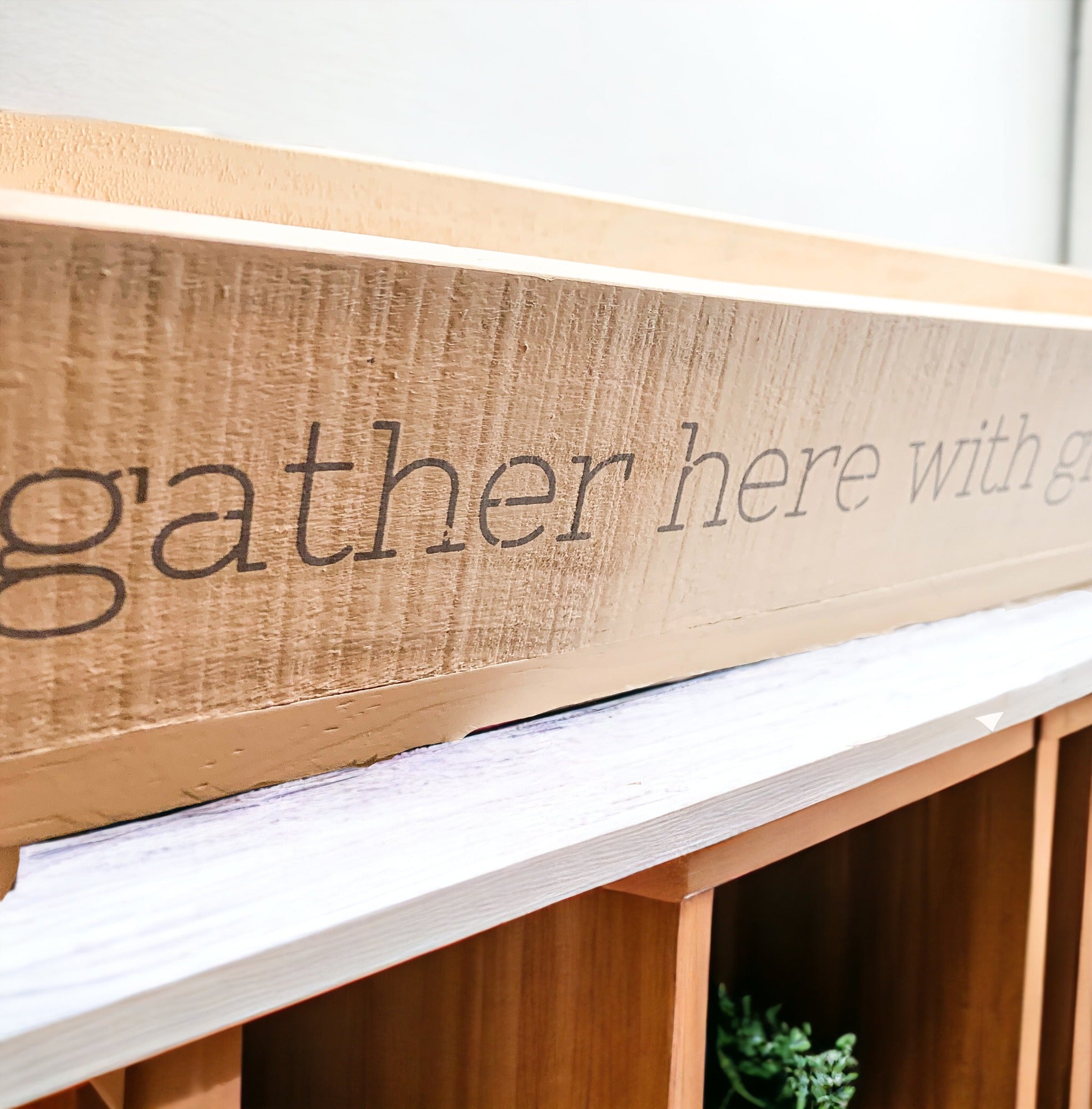 Handmade Gather Tray with the inscription 'Gather Here With Grateful Hearts', featuring round peg feet for elevation.