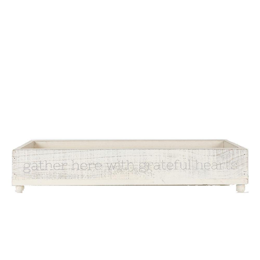 Handmade Gather Tray with the inscription 'Gather Here With Grateful Hearts', featuring round peg feet for elevation.