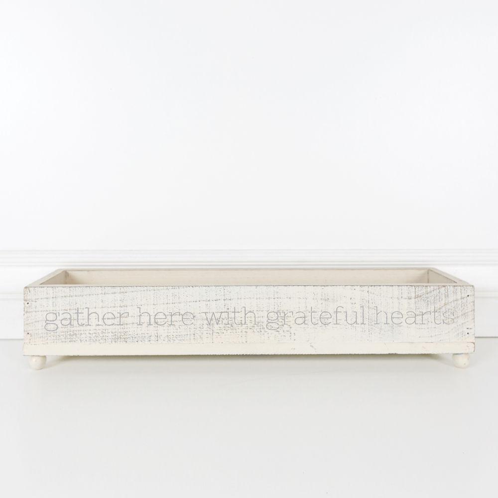 Handmade Gather Tray with the inscription 'Gather Here With Grateful Hearts', featuring round peg feet for elevation.