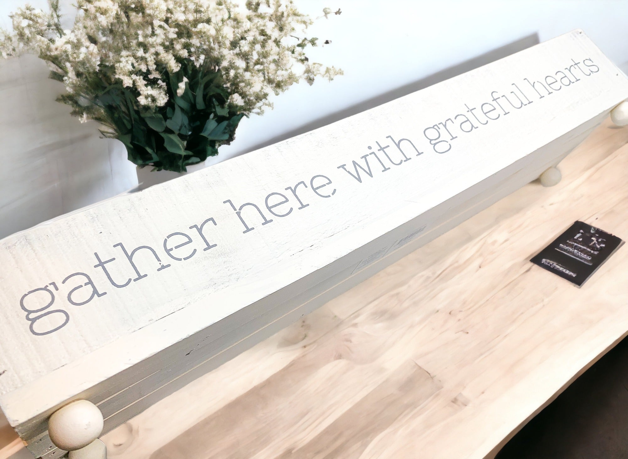 Handmade Gather Tray with the inscription 'Gather Here With Grateful Hearts', featuring round peg feet for elevation.