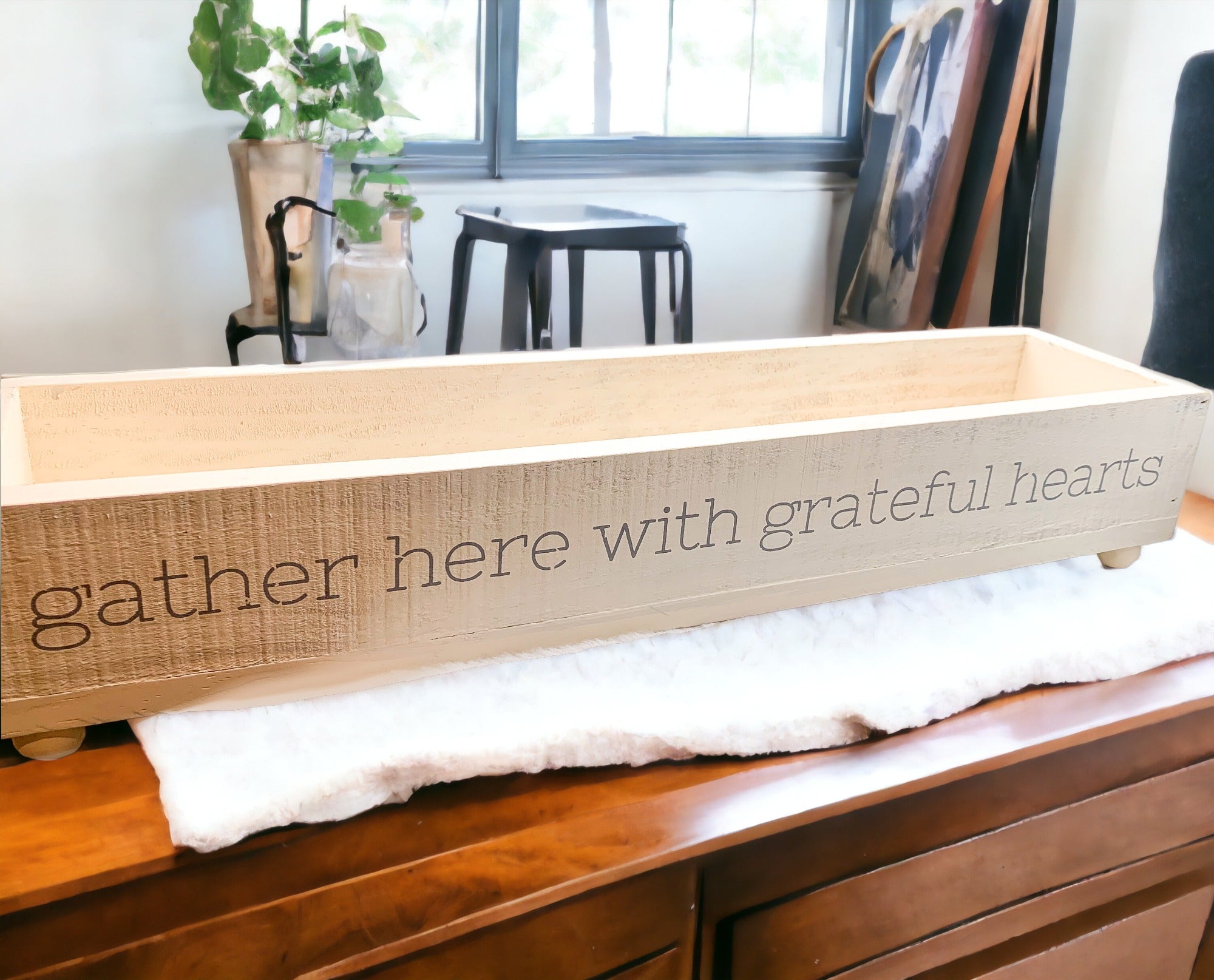 Handmade Gather Tray with the inscription 'Gather Here With Grateful Hearts', featuring round peg feet for elevation.