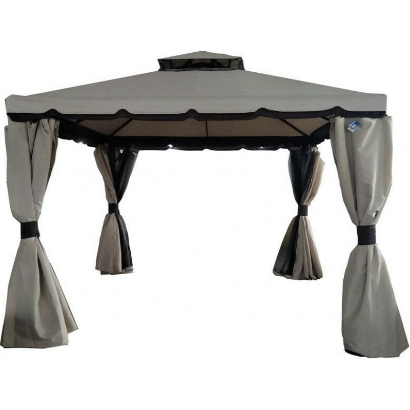 Heavy-duty aluminum gazebo in anthracite color, measuring 300x300cm, featuring a ventilated roof and mosquito net curtains.