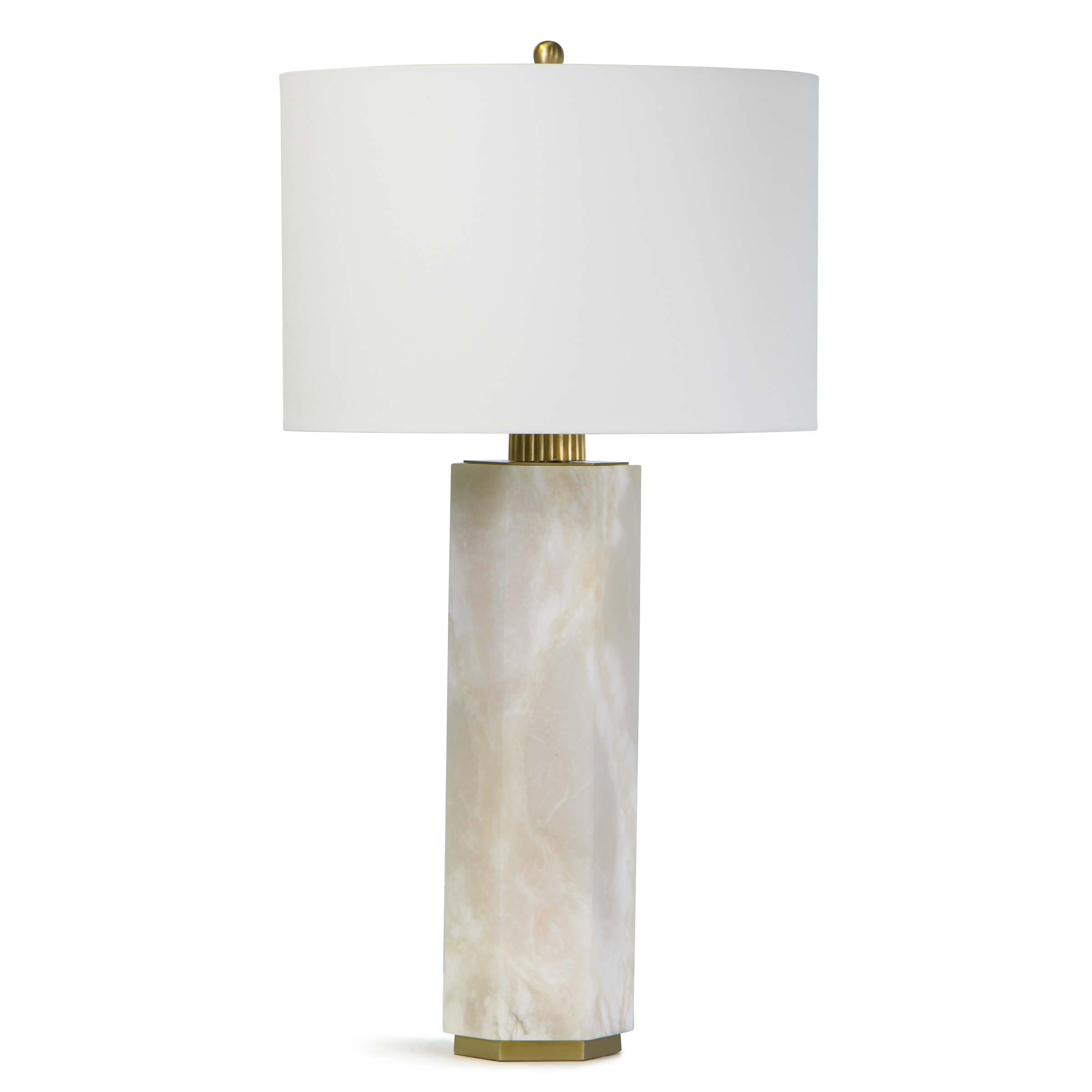 Gear Alabaster Table Lamp featuring a hexagonal alabaster base, natural brass hardware, and a natural linen shade, perfect for modern decor.