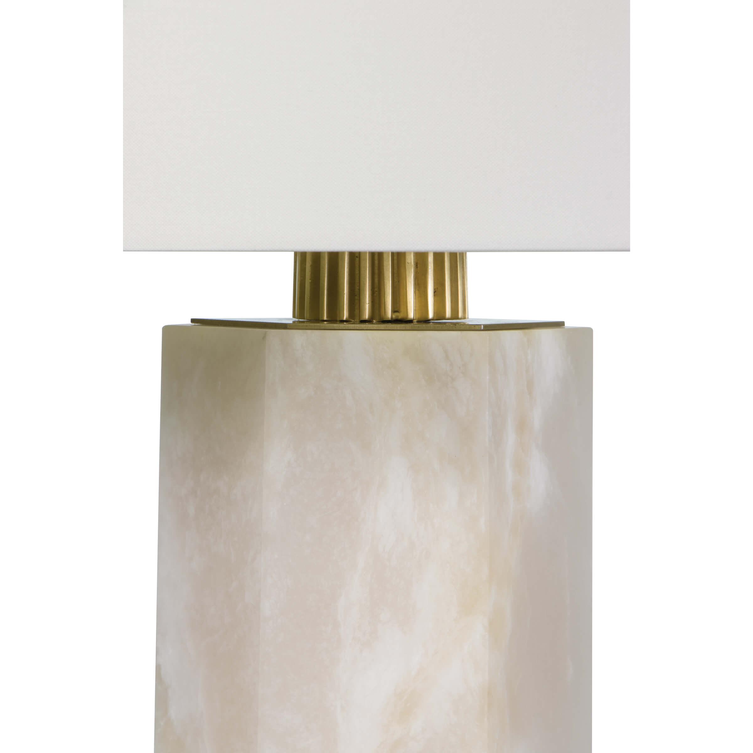 Gear Alabaster Table Lamp featuring a hexagonal alabaster base, natural brass hardware, and a natural linen shade, perfect for modern decor.