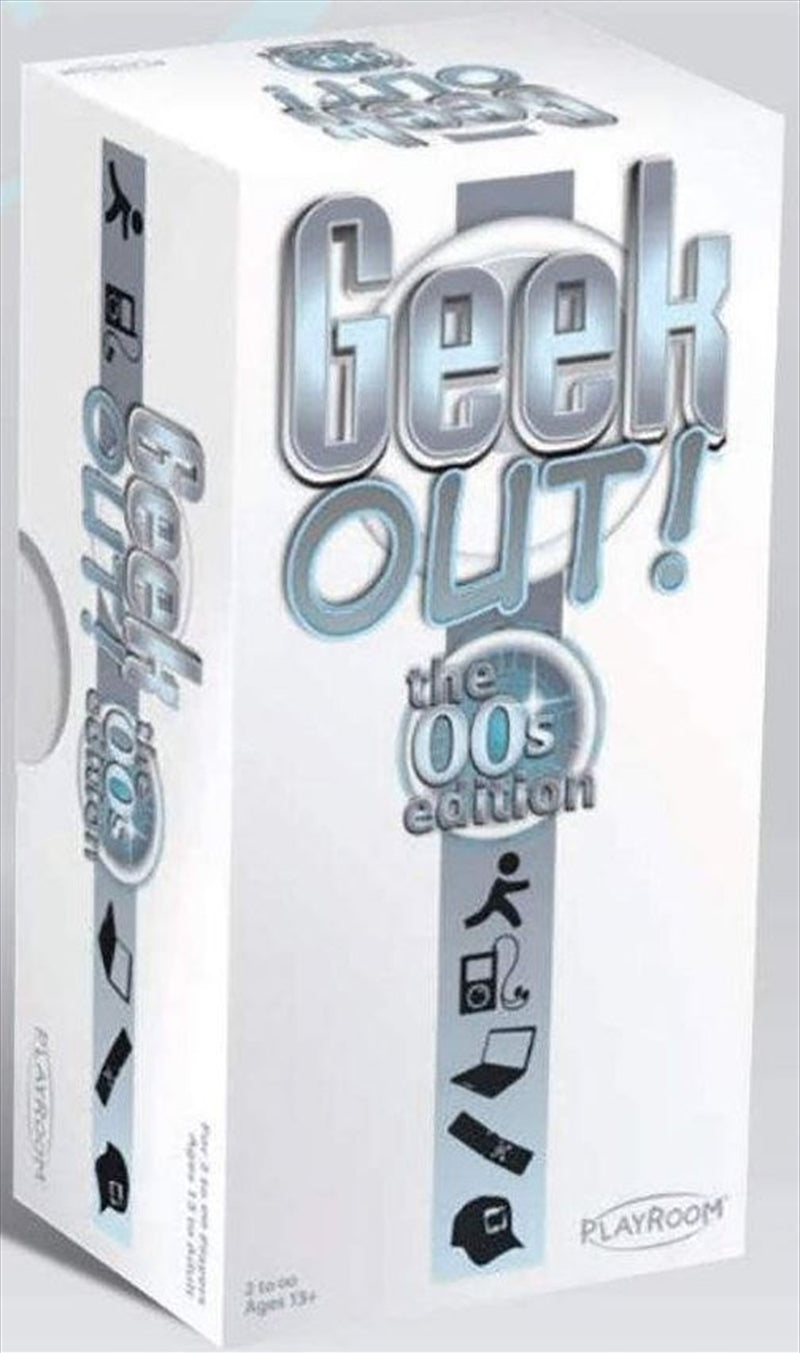 Geek Out! 00's Edition card game box featuring colorful design and nostalgic 2000s themes.