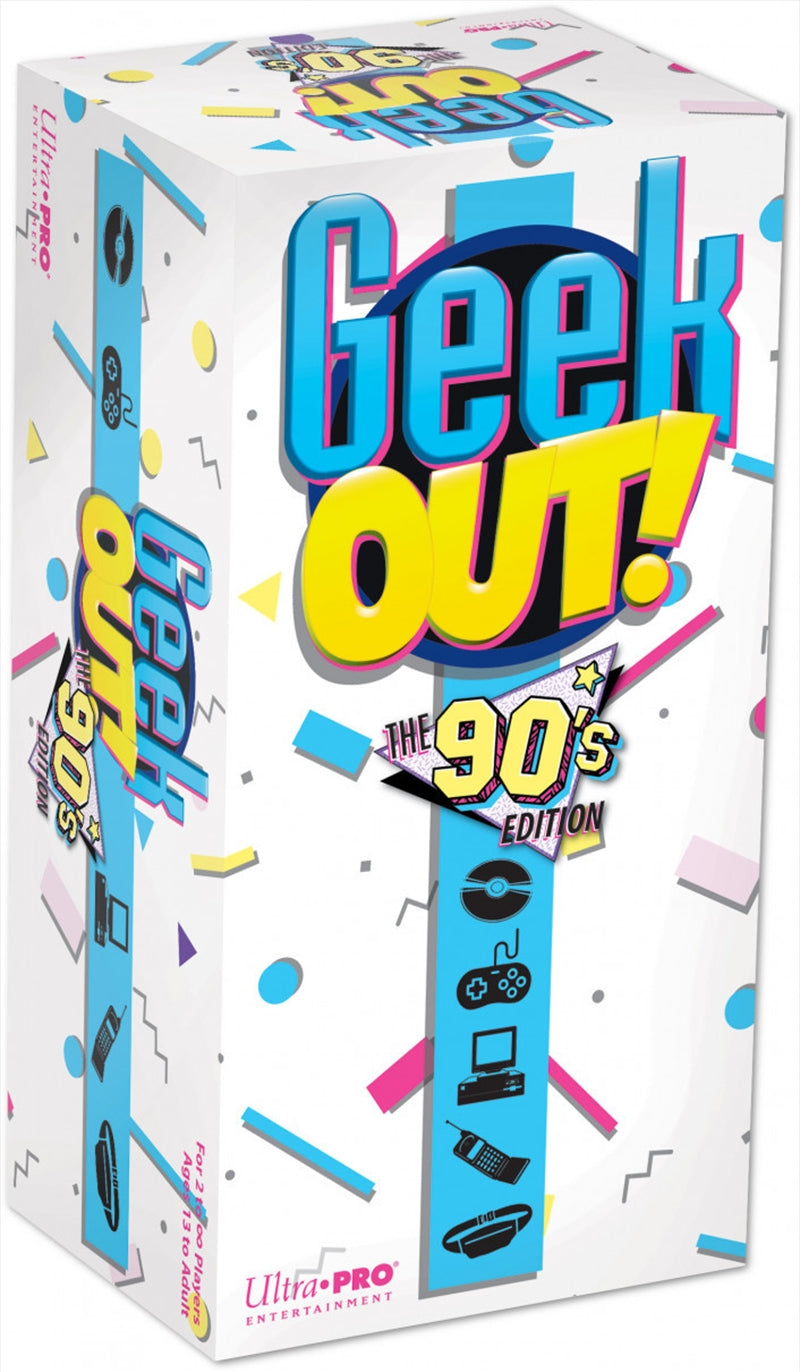 Geek Out! 90s Edition game box featuring trivia cards, tokens, and game board.