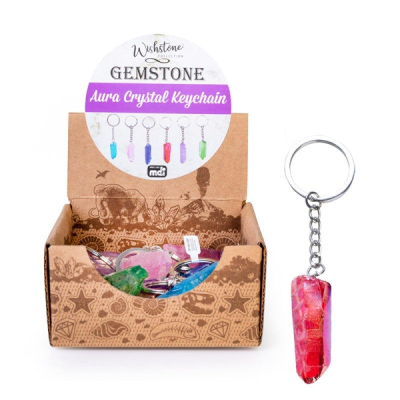 A colorful Gemstone Aura Quartz Point Keychain showcasing unique quartz colors and a sturdy keyring.