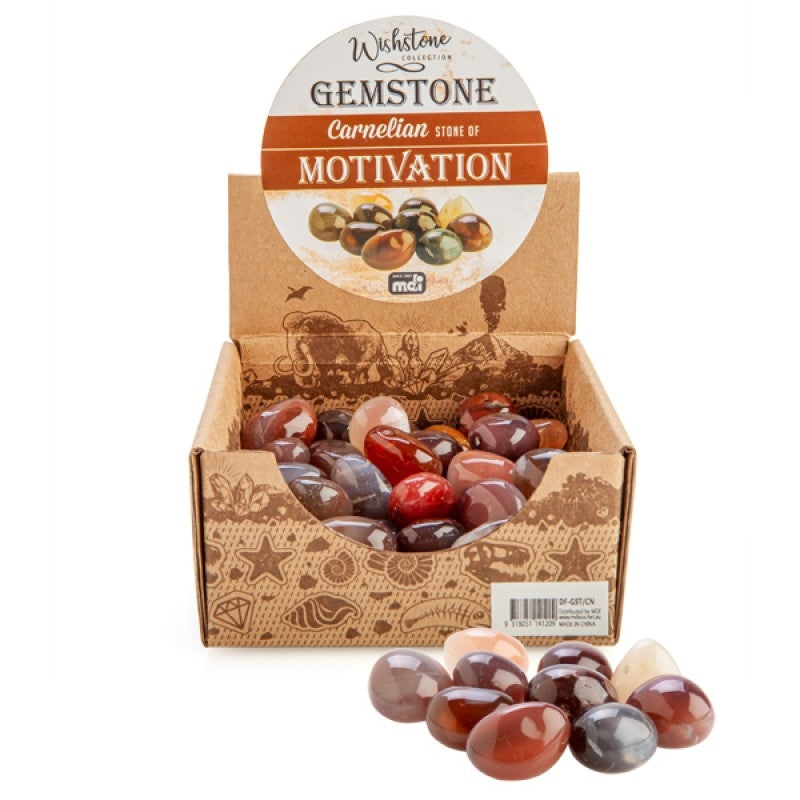 A collection of beautiful tumbled carnelian stones showcasing their vibrant orange and reddish-brown hues, perfect for decoration or metaphysical use.