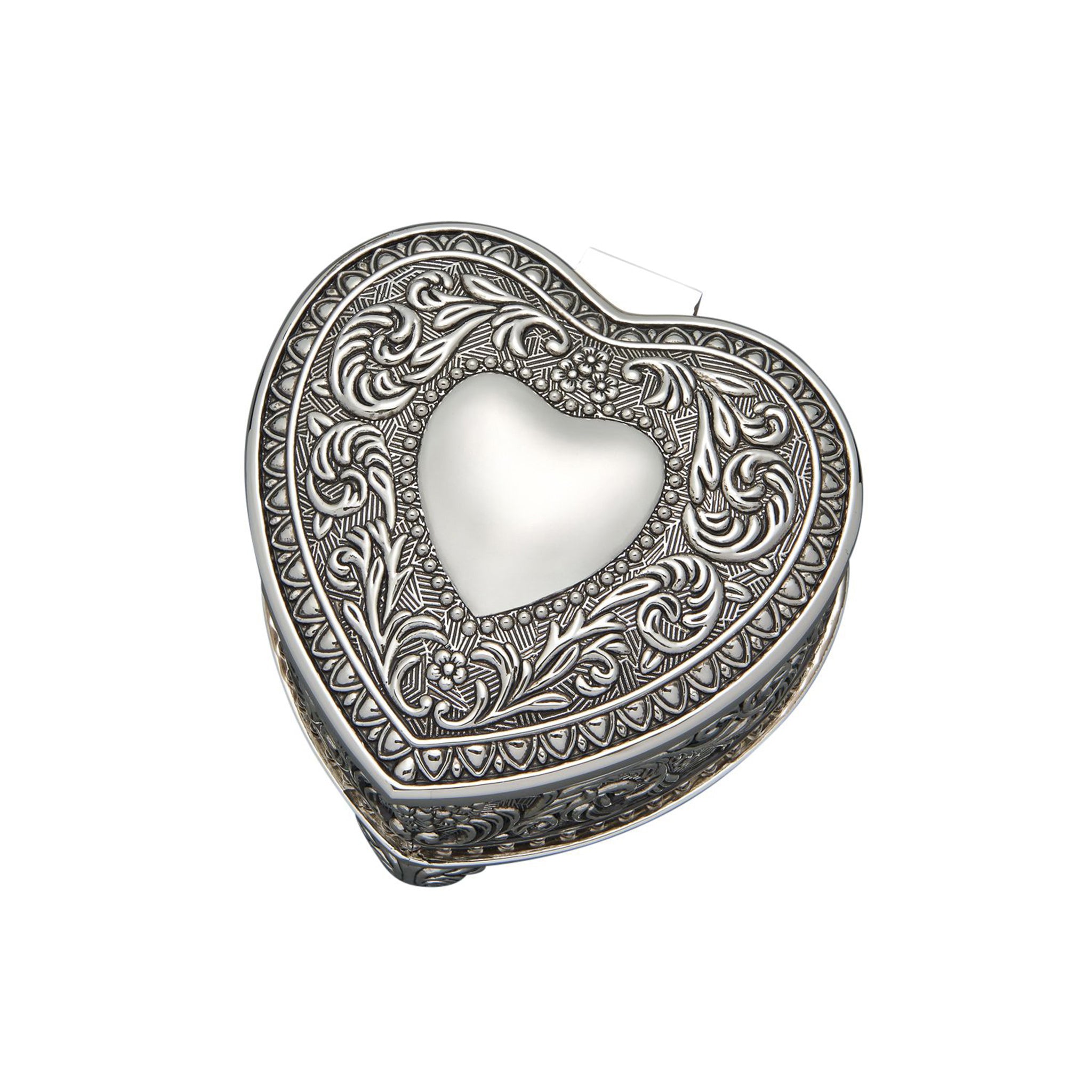 Genoa Heart Shaped Box with intricate designs and hinged lid, lined in dark blue cloth.