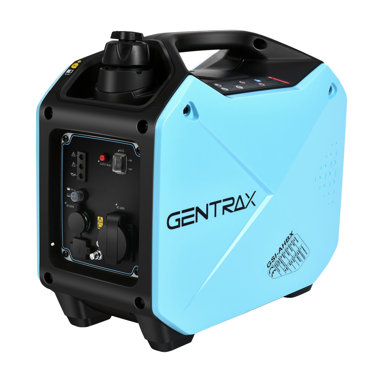 Gentrax 2000w Pure Sine Wave Inverter Generator with dual USB ports and 240V outlet, showcasing its lightweight design.