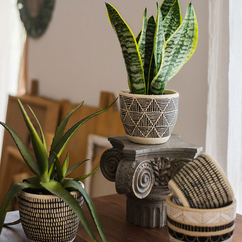 Geometric Art Concrete Flower Pot in black and cream colors, showcasing its modern design and drainage hole.