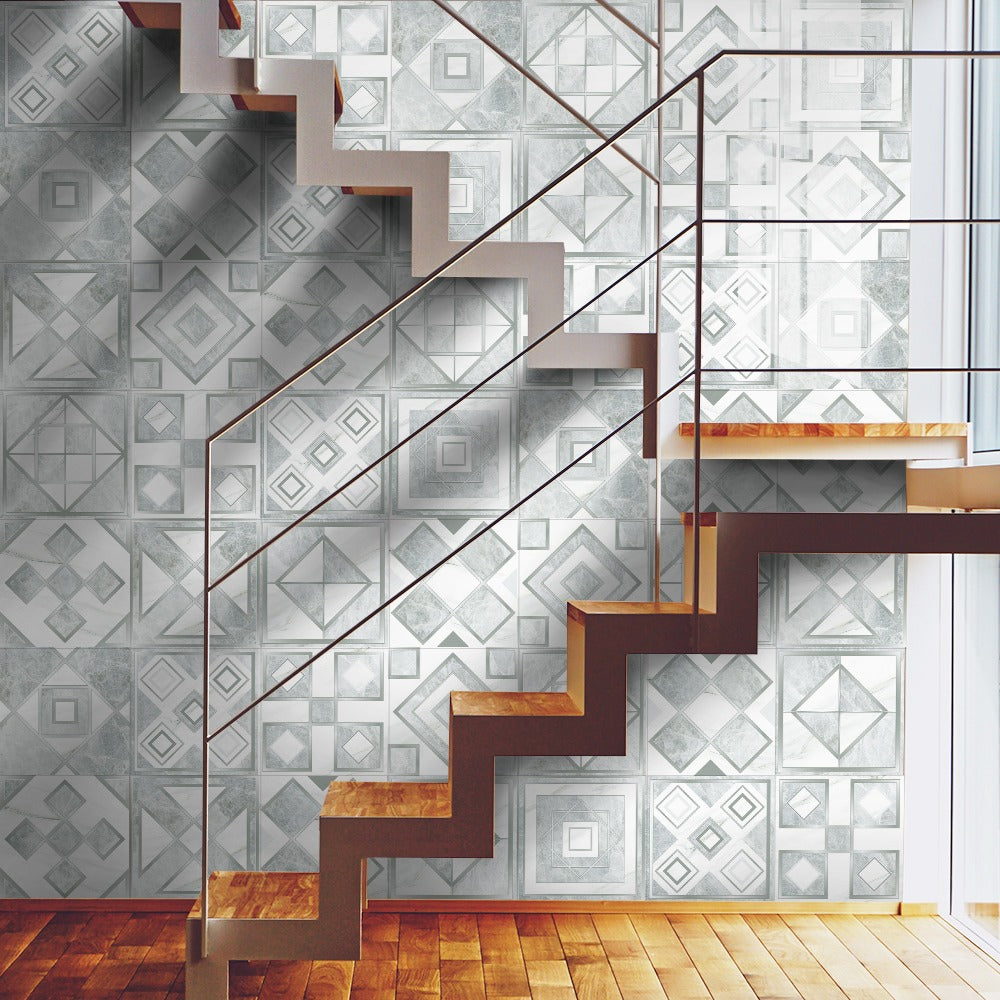 Geometric pattern staircase wall tile stickers displayed on a kitchen backsplash, showcasing their vibrant design and glossy finish.