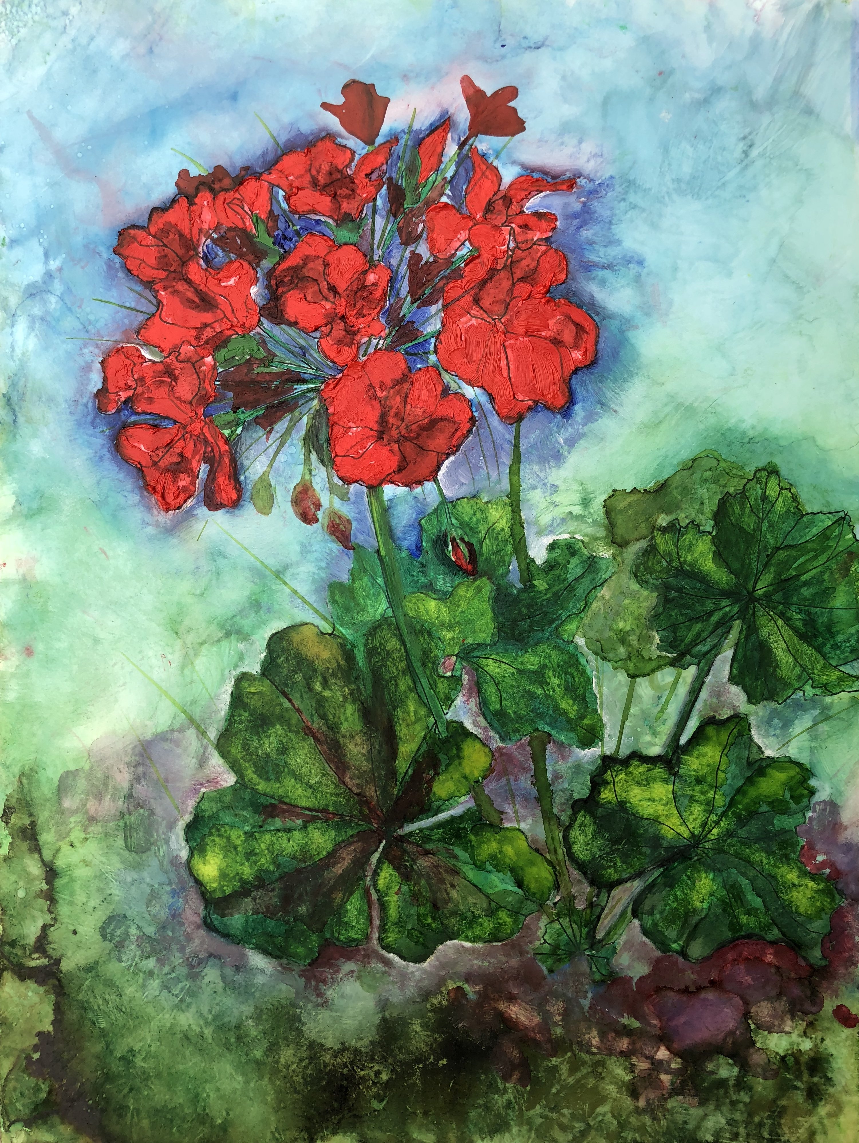 A vibrant red geranium greeting card featuring a mixed media painting with pen, oil paints, and alcohol inks, displayed with a white envelope.