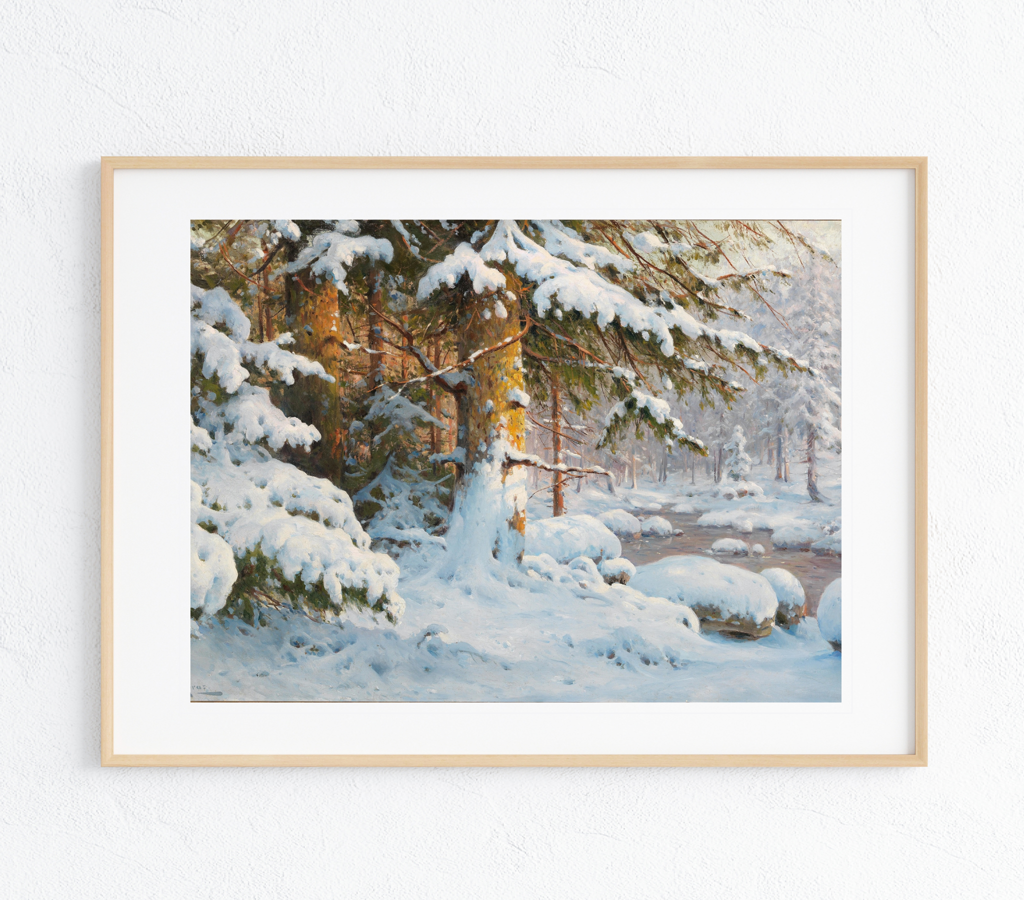 A vibrant German Snowfall Art Print showcasing a serene winter landscape with rich colors and textures on museum-grade canvas.