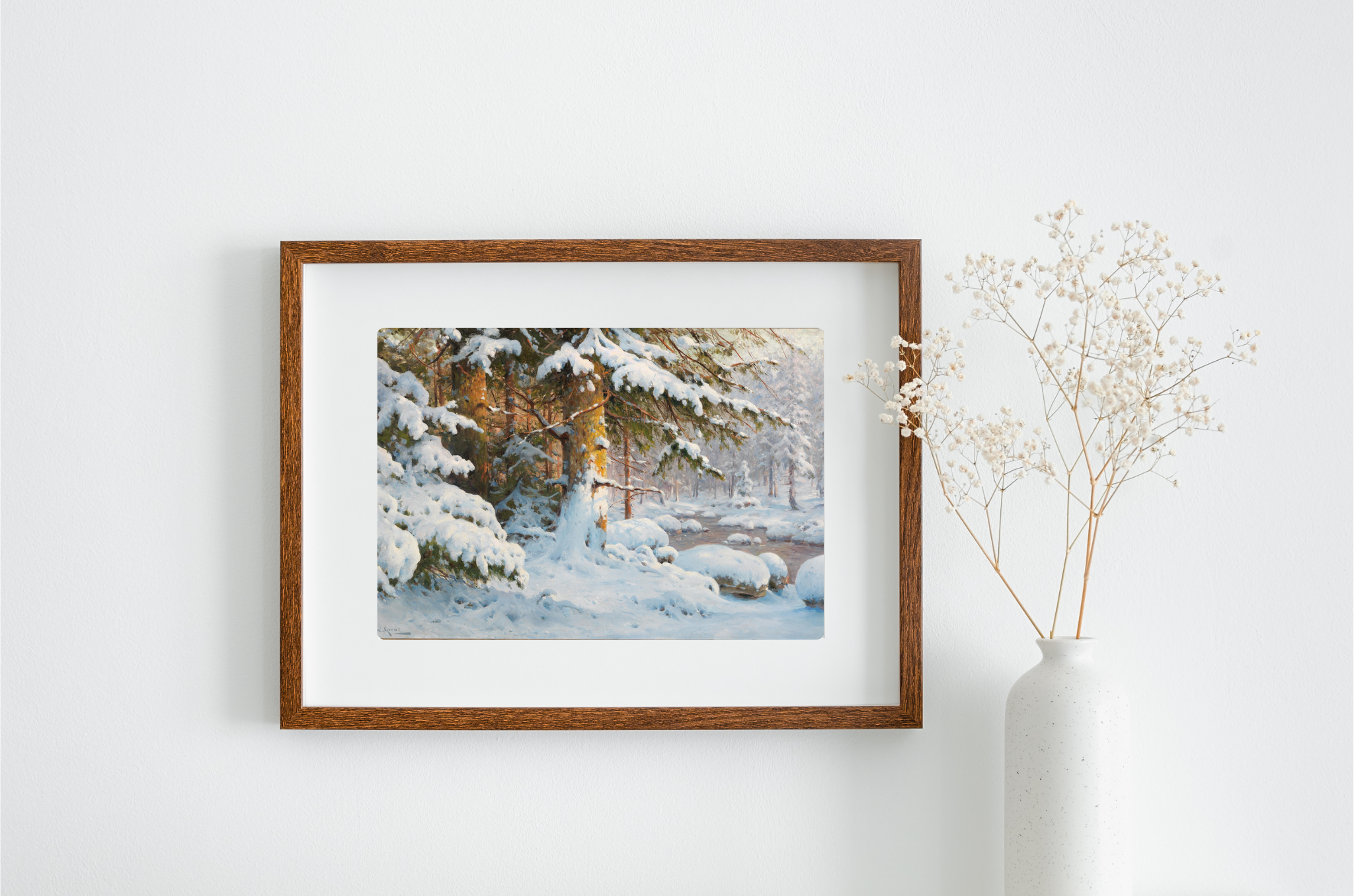 A vibrant German Snowfall Art Print showcasing a serene winter landscape with rich colors and textures on museum-grade canvas.