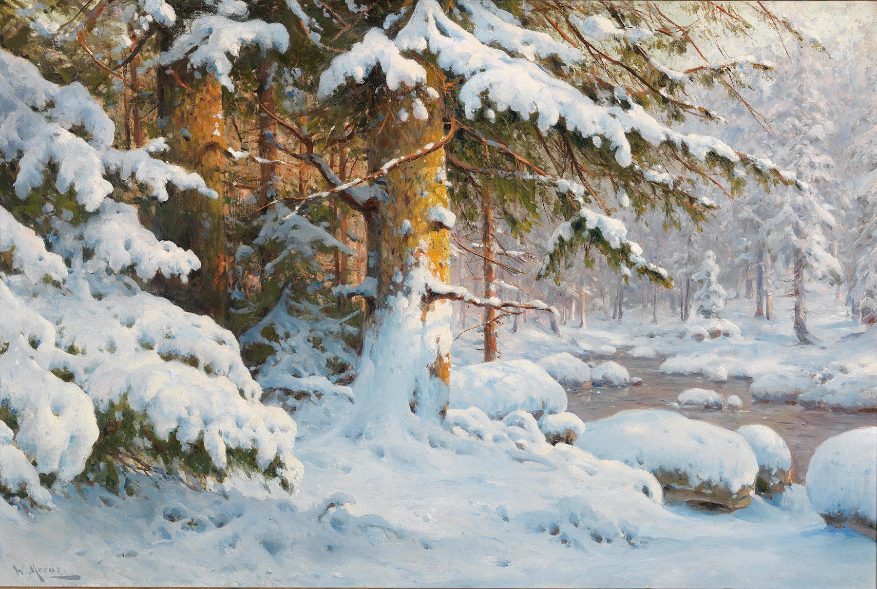 A vibrant German Snowfall Art Print showcasing a serene winter landscape with rich colors and textures on museum-grade canvas.