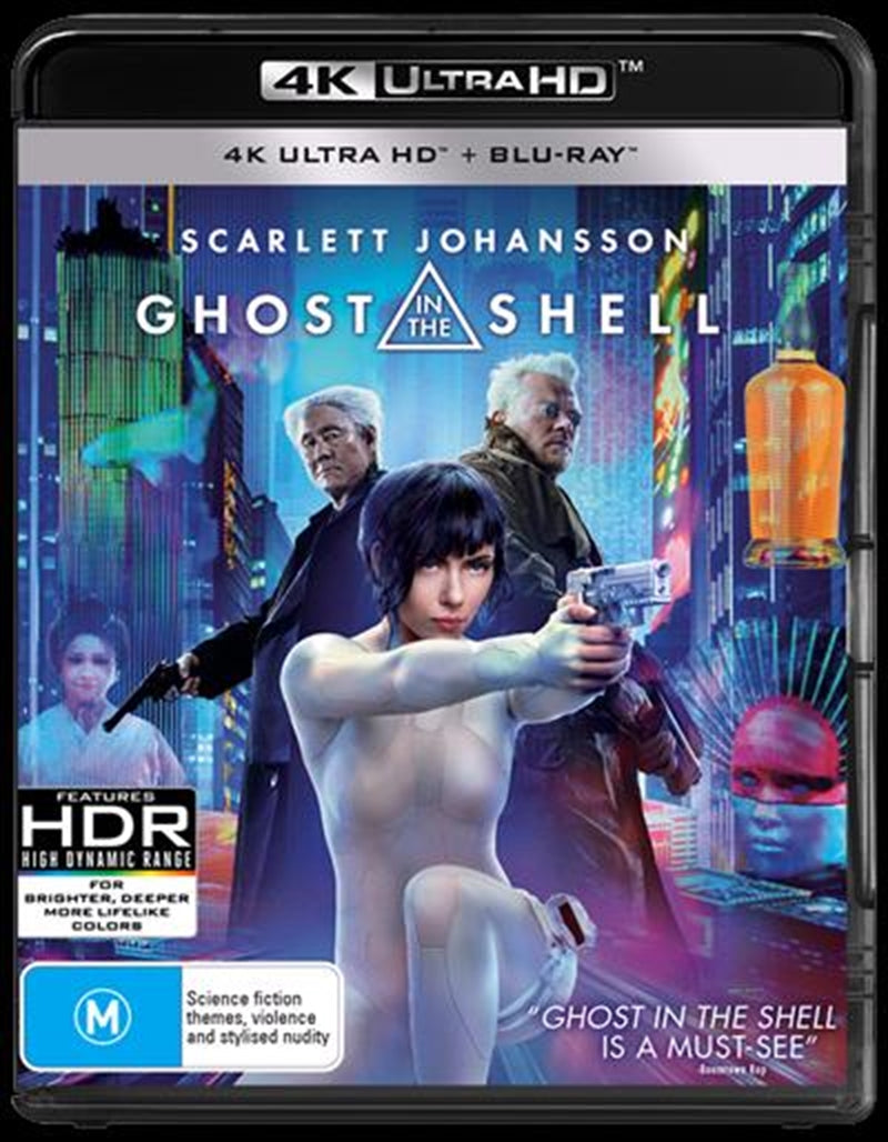 Ghost In The Shell Blu-ray + UHD cover featuring Major Motoko Kusanagi in a futuristic setting.