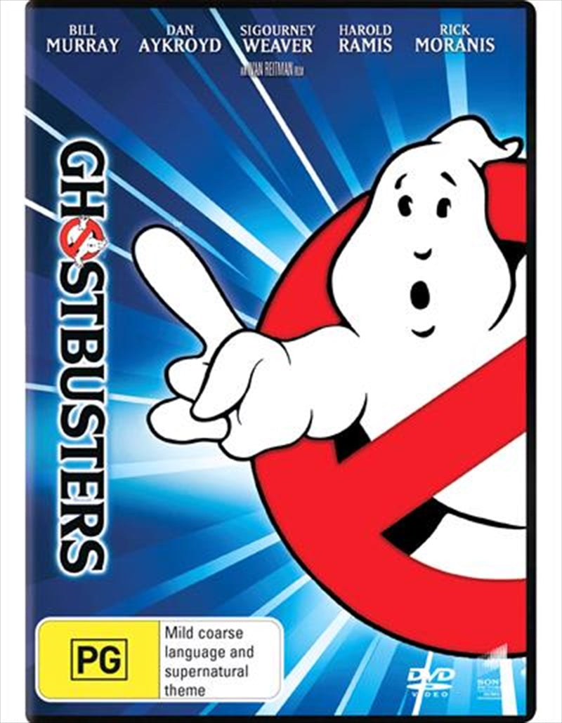 Ghostbusters DVD cover featuring iconic characters Venkman, Stantz, and Spengler with a ghostly background.