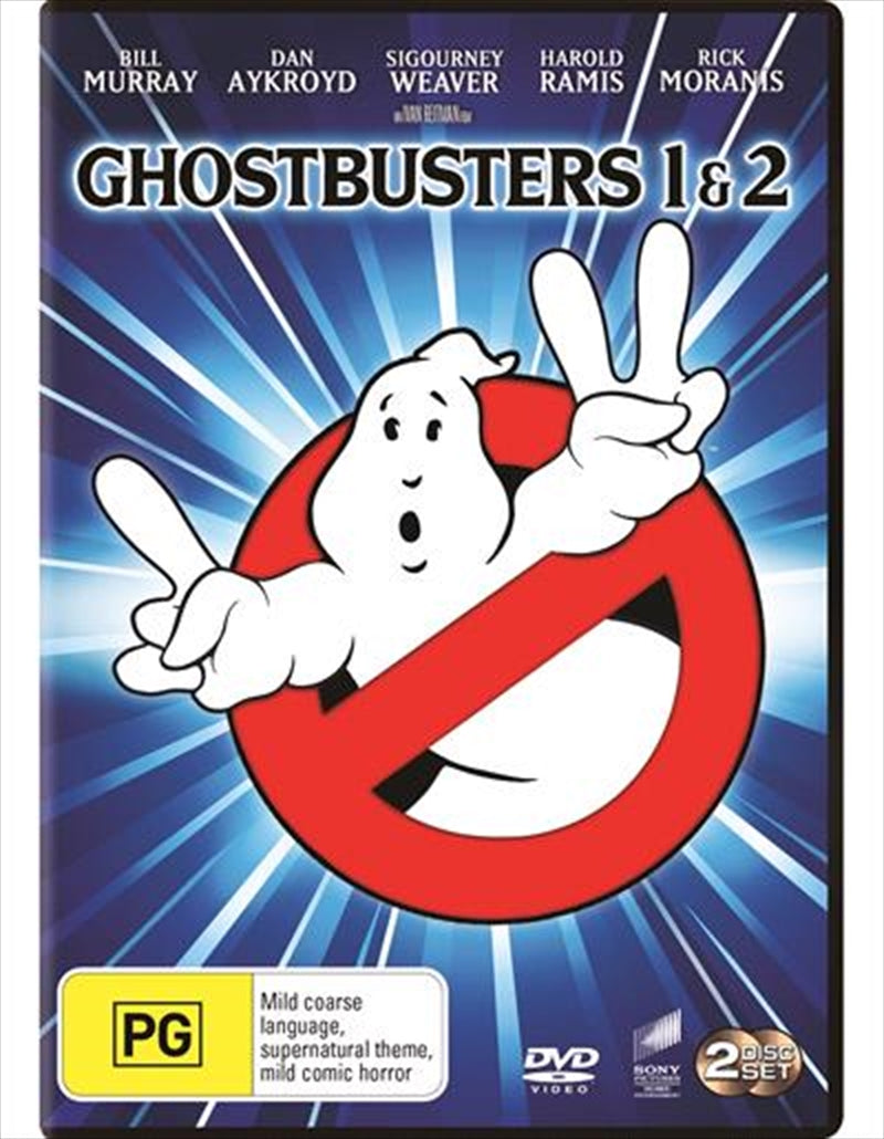 Ghostbusters / Ghostbusters II DVD cover featuring iconic characters and spooky elements.