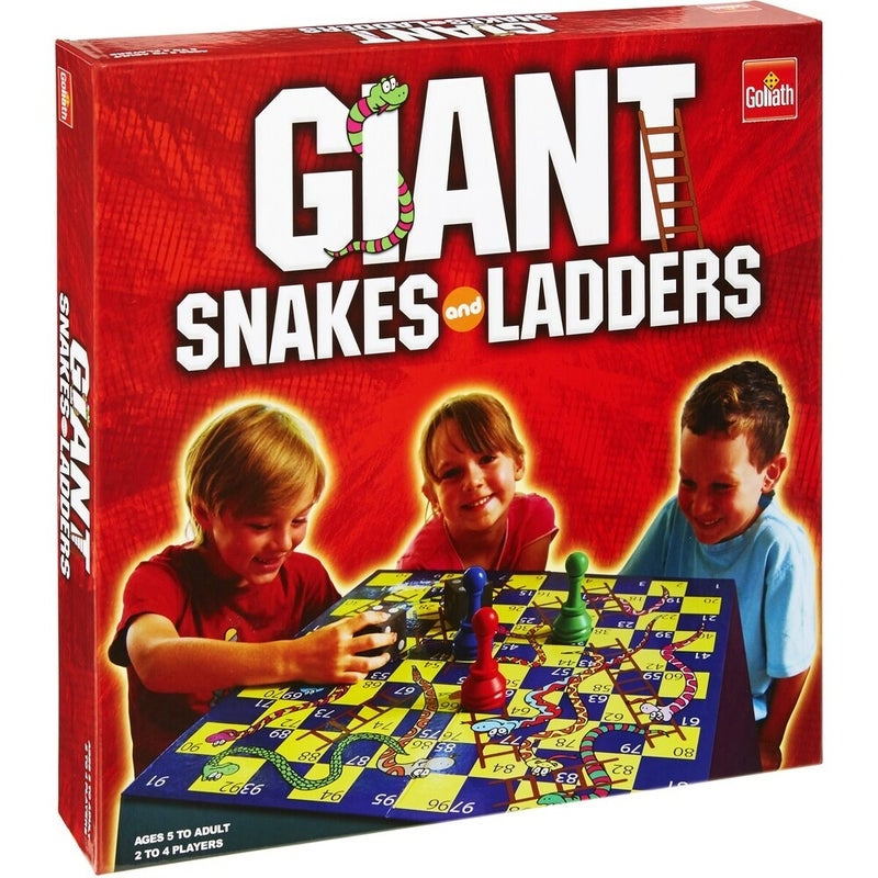 A vibrant and large Snakes and Ladders game board with colorful snakes and ladders, featuring a giant die and four pawns.