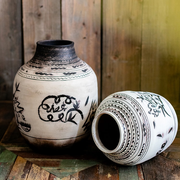 Giant Zen Style Ink Painting Terracotta Floor Pot in white and black, showcasing elegant ink designs and handmade terracotta texture.