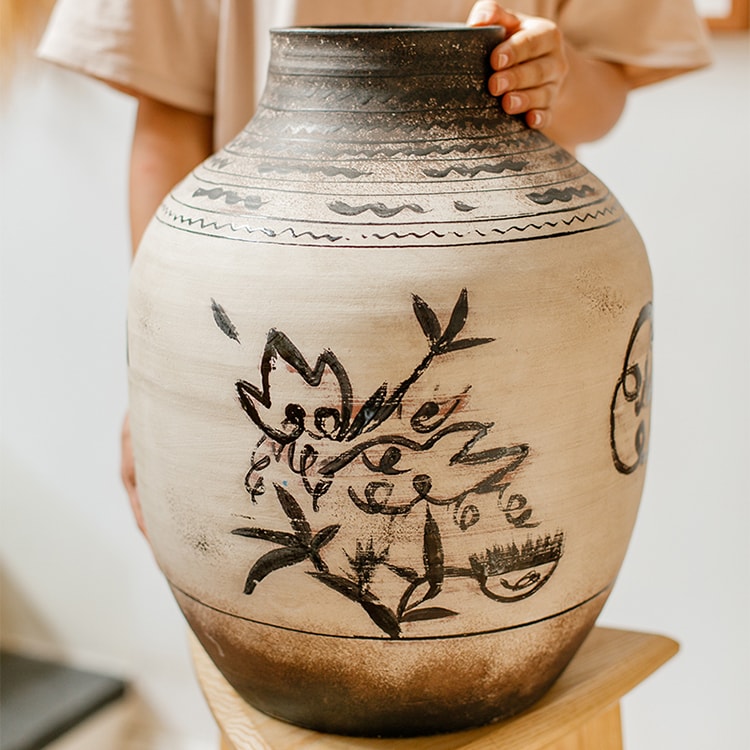 Giant Zen Style Ink Painting Terracotta Floor Pot in white and black, showcasing elegant ink designs and handmade terracotta texture.