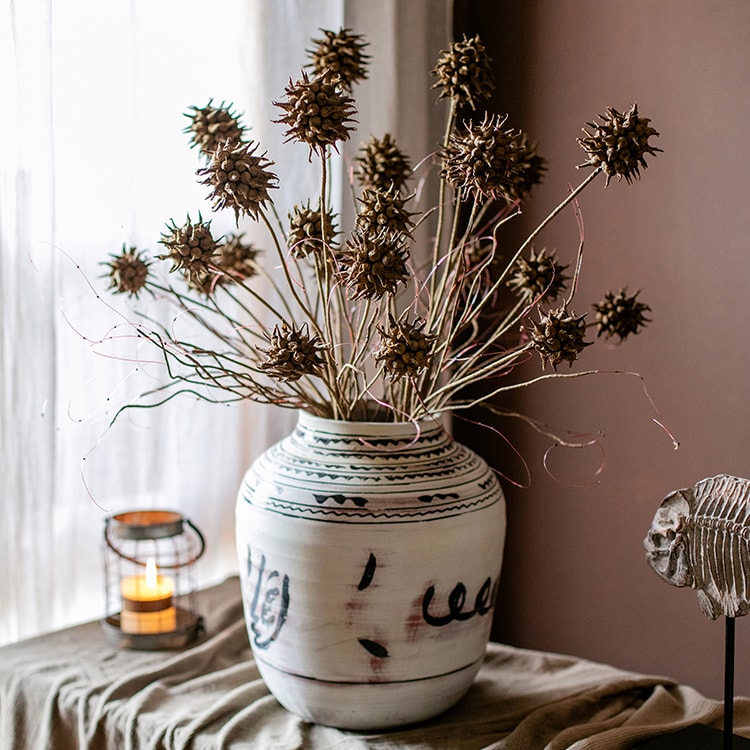 Giant Zen Style Ink Painting Terracotta Floor Pot in white and black, showcasing elegant ink designs and handmade terracotta texture.