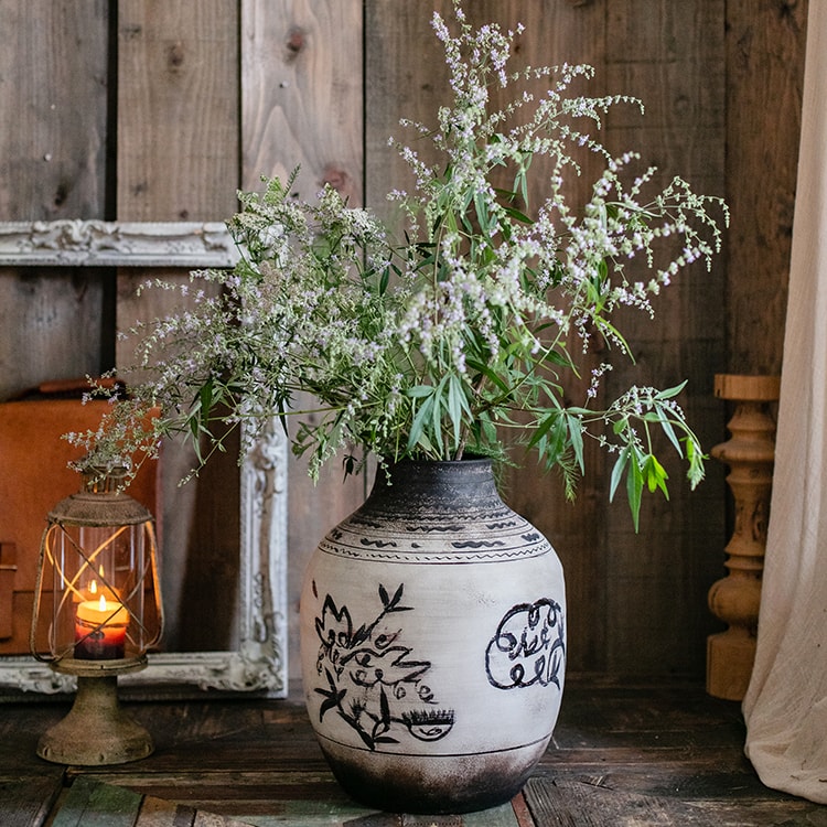 Giant Zen Style Ink Painting Terracotta Floor Pot in white and black, showcasing elegant ink designs and handmade terracotta texture.