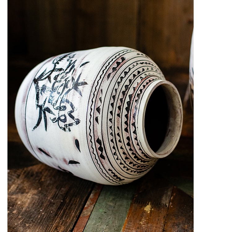 Giant Zen Style Ink Painting Terracotta Floor Pot in white and black, showcasing elegant ink designs and handmade terracotta texture.