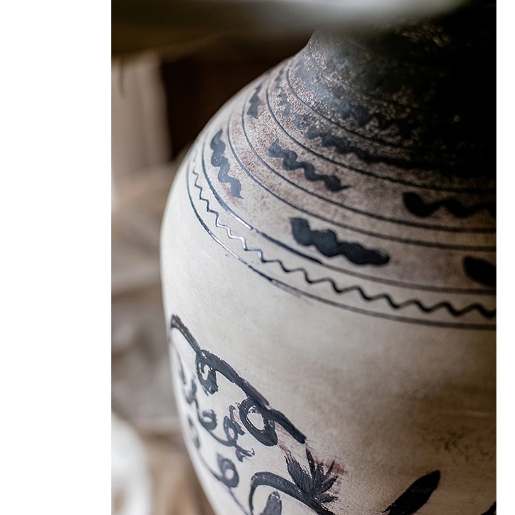 Giant Zen Style Ink Painting Terracotta Floor Pot in white and black, showcasing elegant ink designs and handmade terracotta texture.