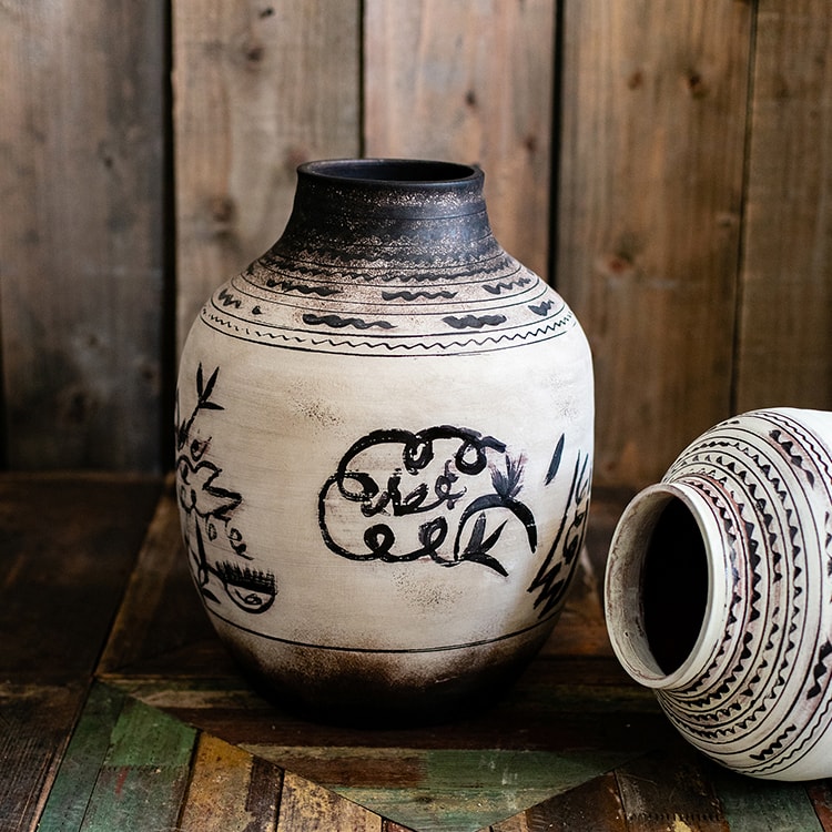 Giant Zen Style Ink Painting Terracotta Floor Pot in white and black, showcasing elegant ink designs and handmade terracotta texture.