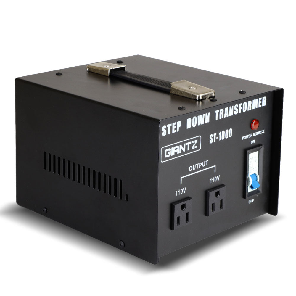 Giantz 1000 Watt Step Down Transformer in black, designed to convert AC240V to AC110V for USA appliances.