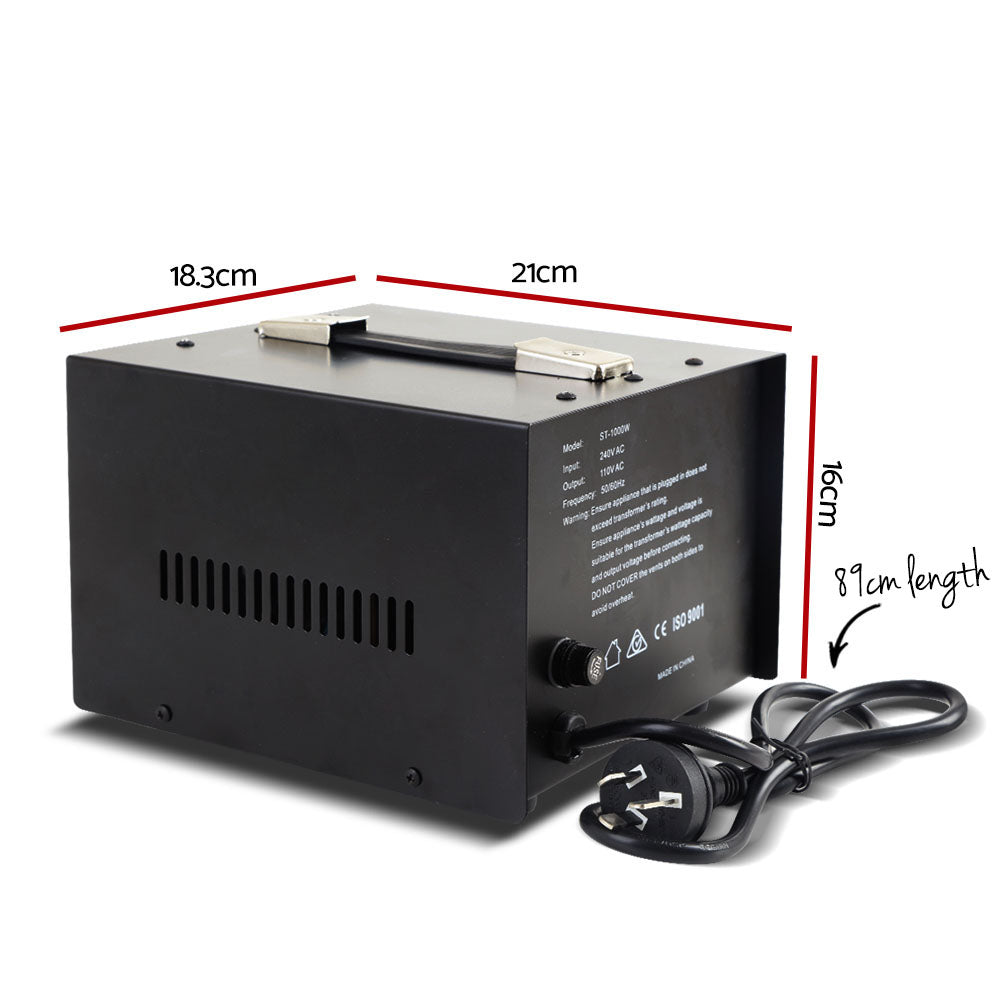 Giantz 1000 Watt Step Down Transformer in black, designed to convert AC240V to AC110V for USA appliances.