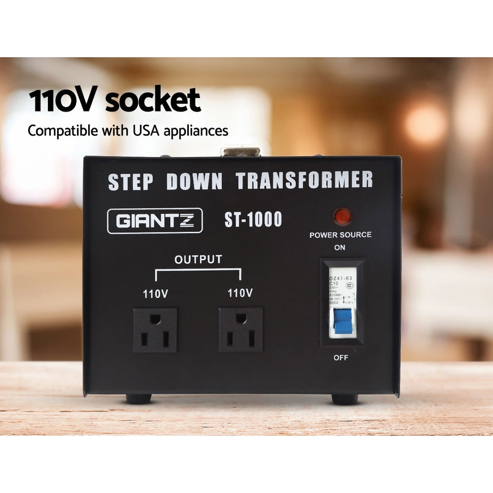 Giantz 1000 Watt Step Down Transformer in black, designed to convert AC240V to AC110V for USA appliances.