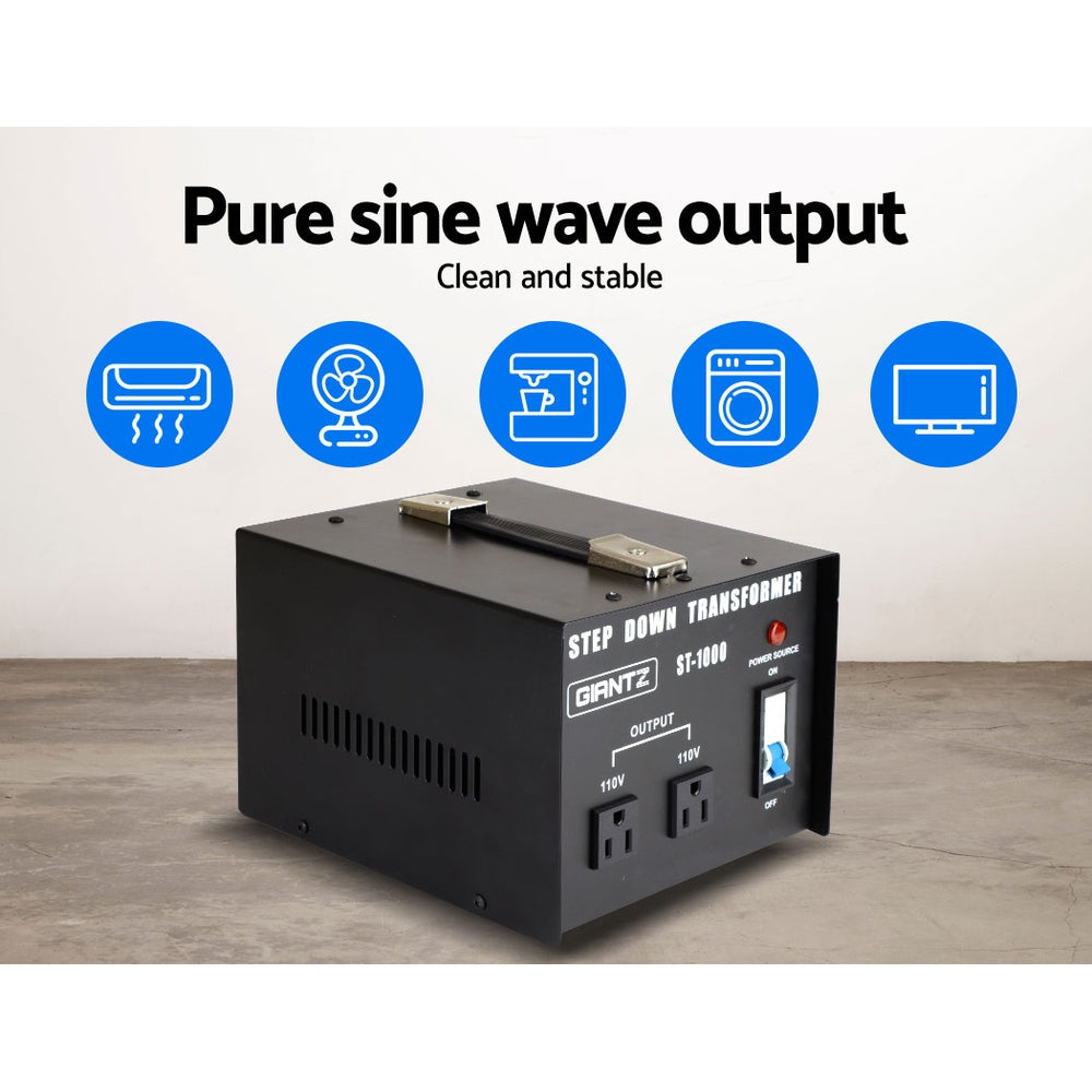 Giantz 1000 Watt Step Down Transformer in black, designed to convert AC240V to AC110V for USA appliances.