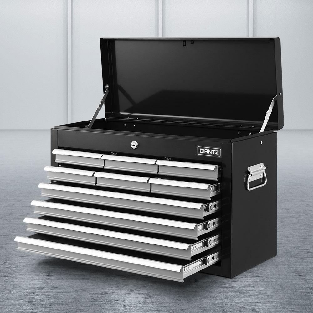 Giantz 10-Drawer Tool Box Chest Cabinet in black, showcasing multiple drawers and sturdy construction for tool storage.