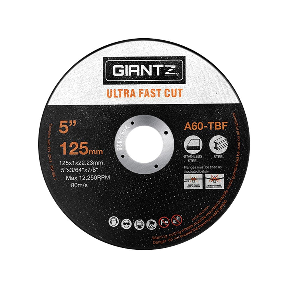 Giantz 100-Piece 5-inch cutting discs for angle grinders, showcasing ultra-thin design and high-quality brown fused alumina material.