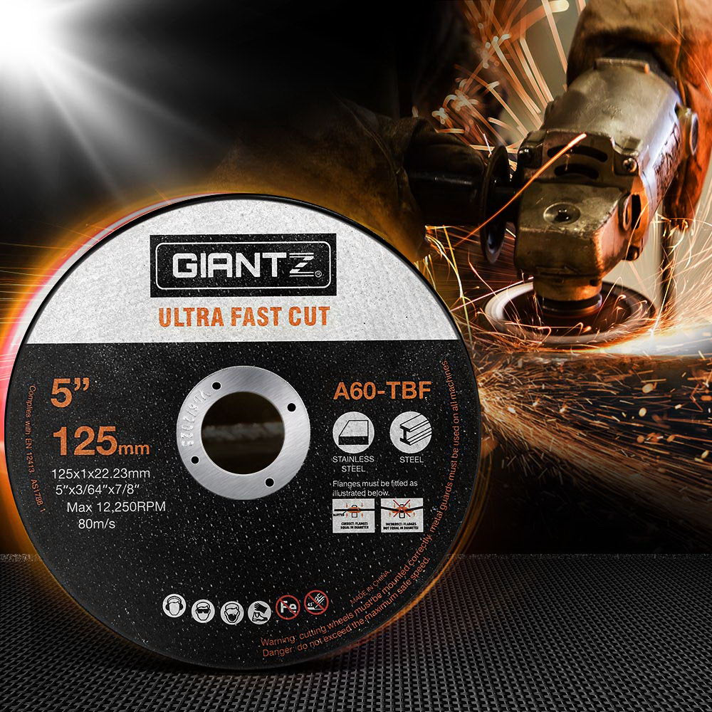 Giantz 100-Piece 5-inch cutting discs for angle grinders, showcasing ultra-thin design and high-quality brown fused alumina material.