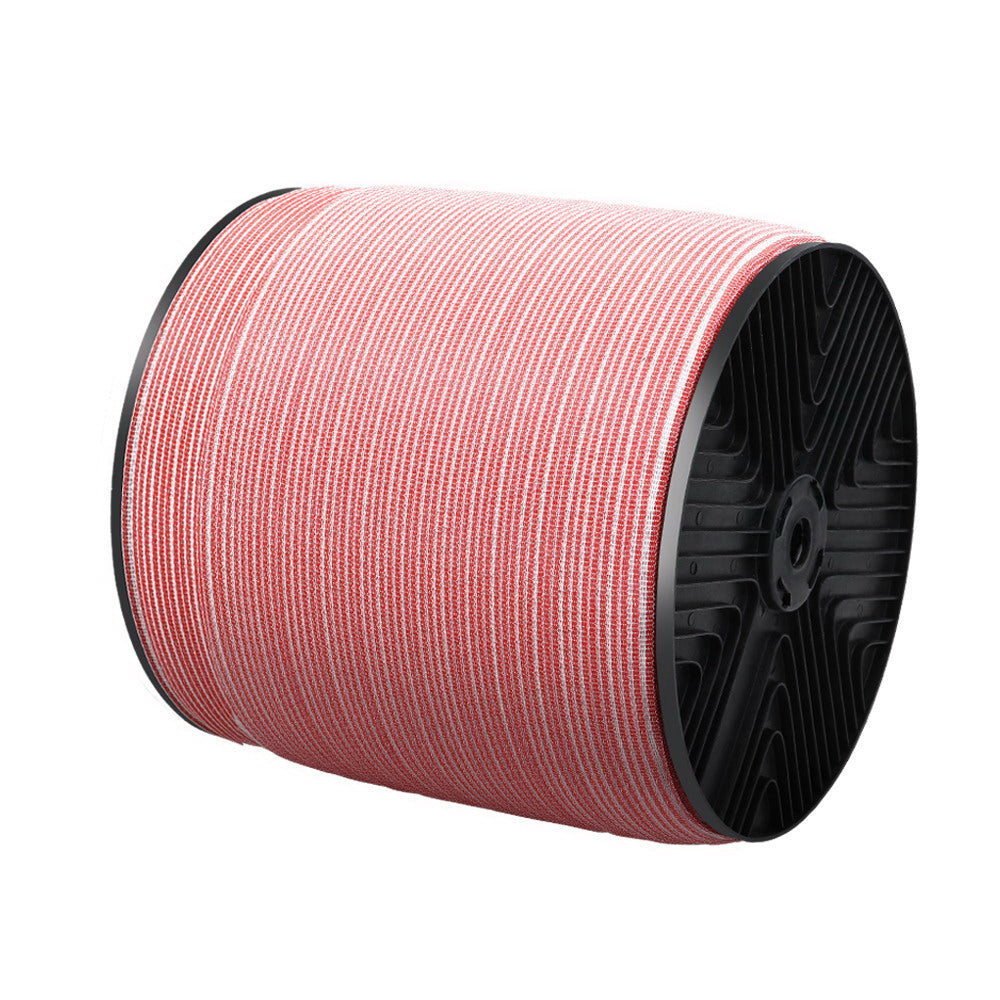 Giantz 1200M Electric Fence Wire Tape in red and white, showcasing its durable stainless steel strands and high visibility design.