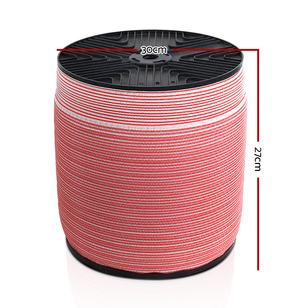 Giantz 1200M Electric Fence Wire Tape in red and white, showcasing its durable stainless steel strands and high visibility design.