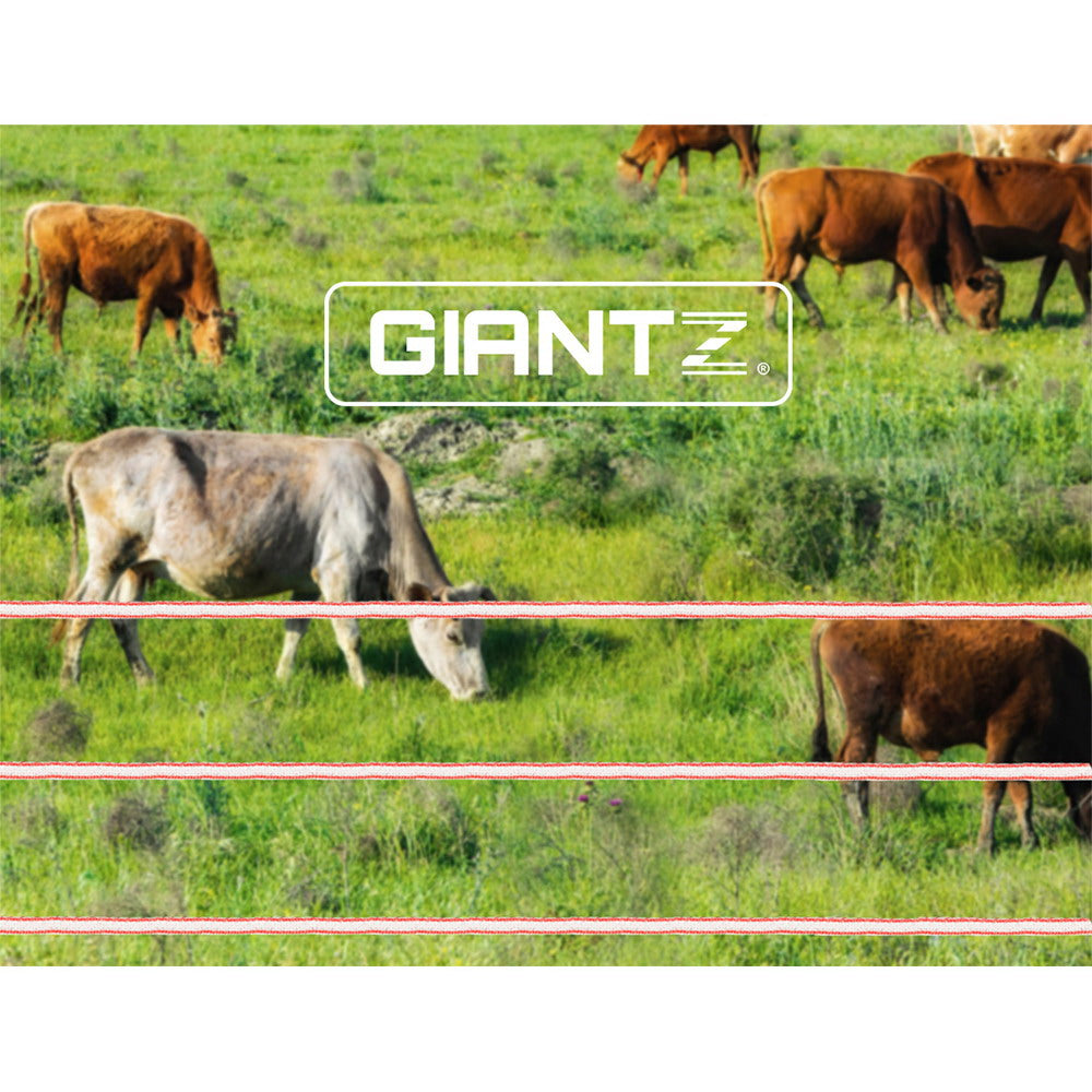 Giantz 1200M Electric Fence Wire Tape in red and white, showcasing its durable stainless steel strands and high visibility design.