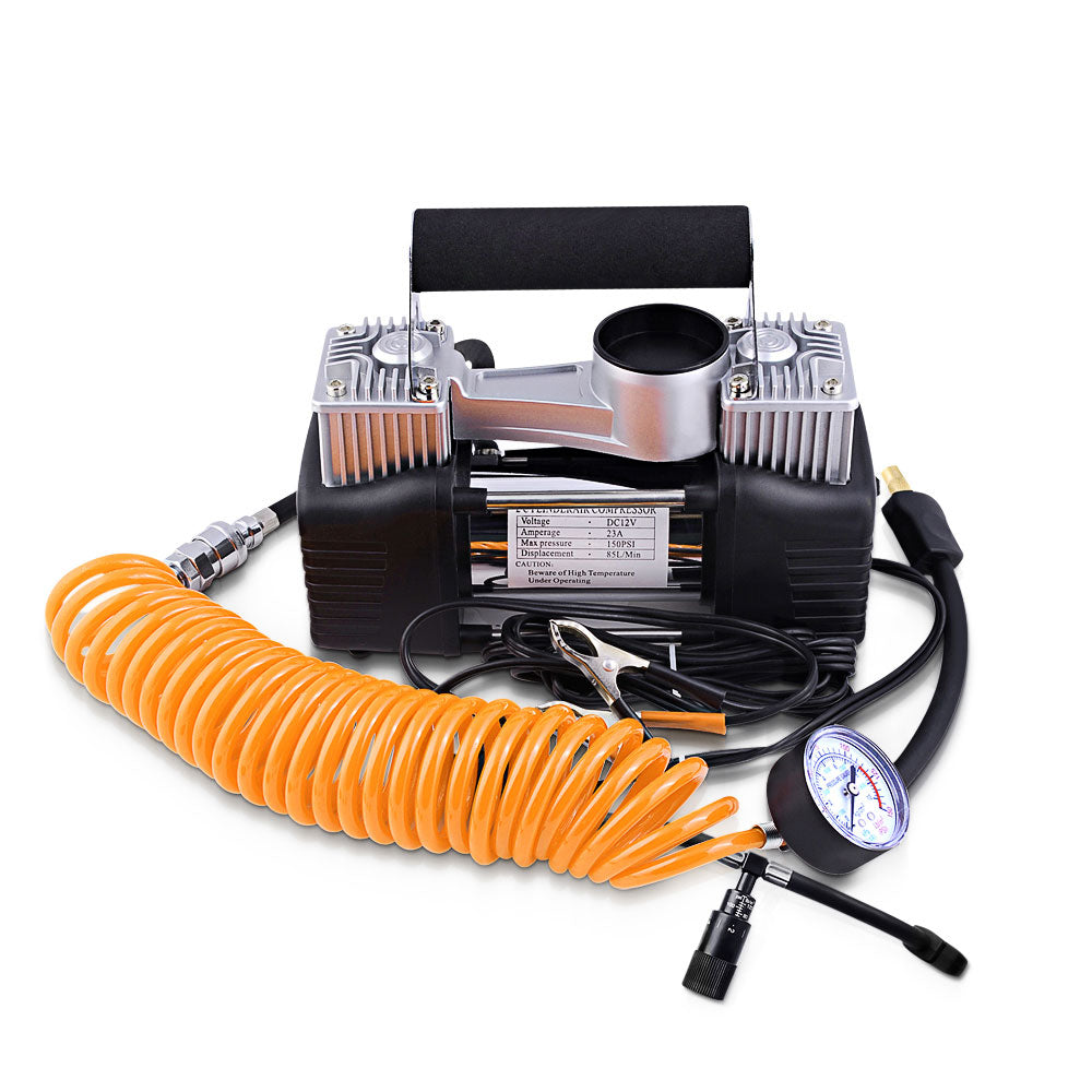 Giantz 12V Portable Air Compressor with dual-cylinder design and accessories for tire inflation.